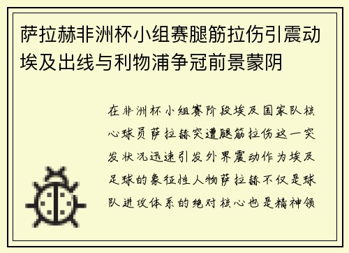 萨拉赫非洲杯小组赛腿筋拉伤引震动埃及出线与利物浦争冠前景蒙阴 萨拉赫非洲杯小组赛腿筋拉伤引震动埃及出线与利物浦争冠前景蒙阴