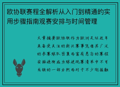 欧协联赛程全解析从入门到精通的实用步骤指南观赛安排与时间管理 欧协联赛程全解析从入门到精通的实用步骤指南观赛安排与时间管理